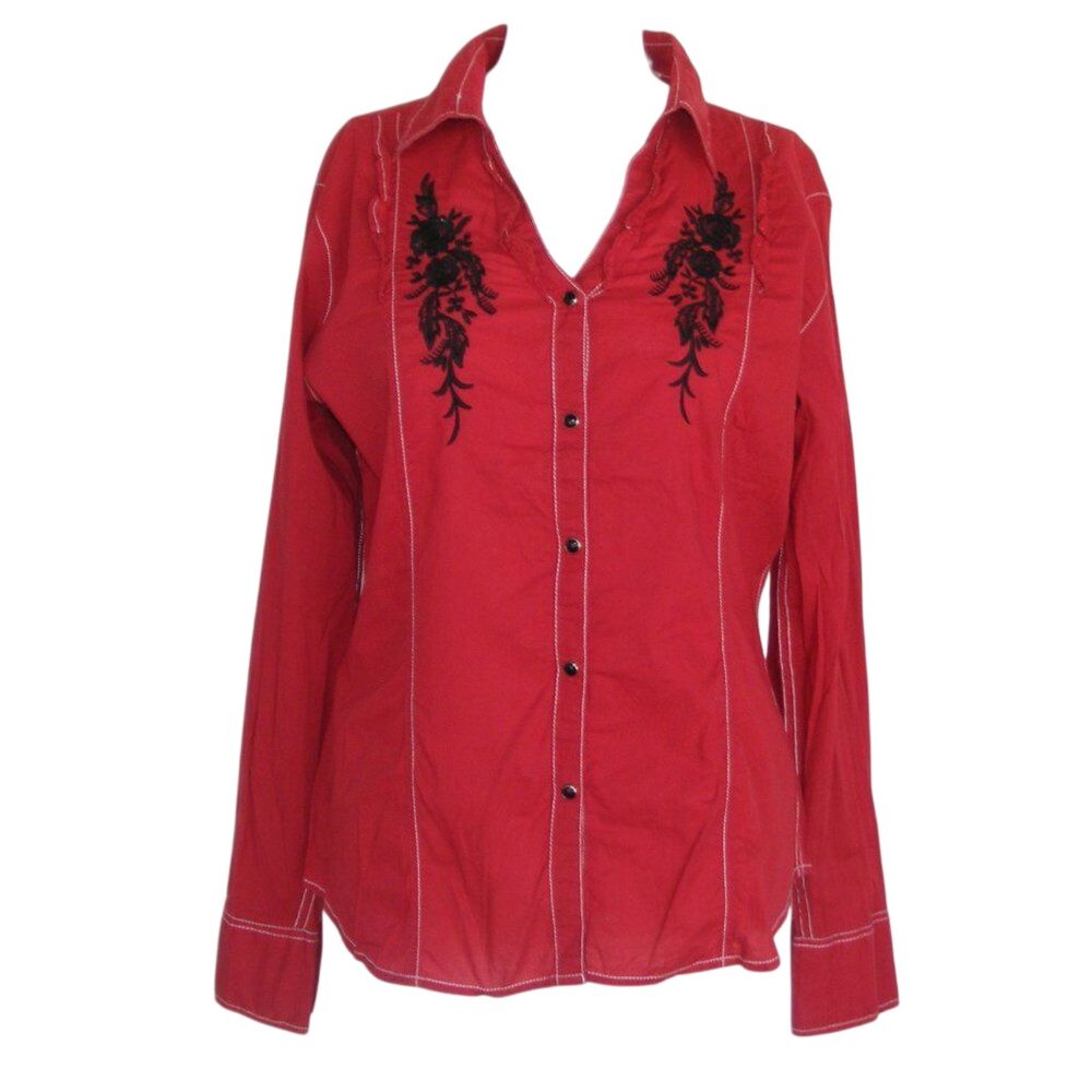 PANHANDLE SLIM Embroidered Blouse, M, Red, Snap front, Long sleeves - Picture 6 of 8